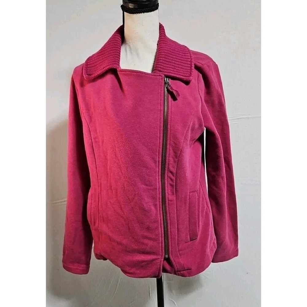 LL Bean Hotpink Jacket Knit Asymmetrical Full Zip Long Sleeve Collared, Sm.